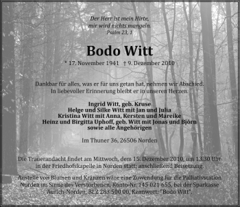 Traueranzeige von Bodo Witt von Ostfriesischer Kurier