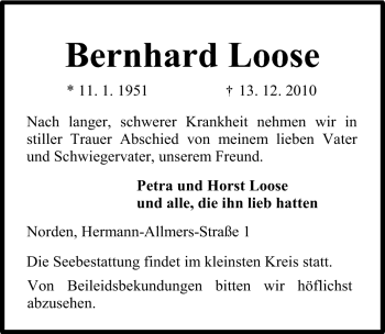 Traueranzeige von Bernhard Loose von Ostfriesischer Kurier