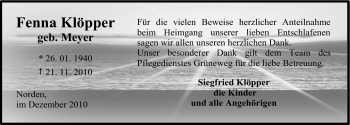 Traueranzeige von Fenna Klöpper von Ostfriesischer Kurier