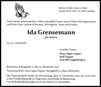 Traueranzeige von Ida Grensemann von Ostfriesischer Kurier