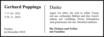 Traueranzeige von Gerhard Poppinga von Ostfriesischer Kurier
