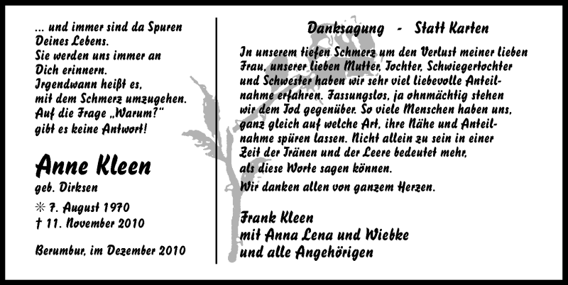  Traueranzeige für Anne Kleen vom 18.12.2010 aus Ostfriesischer Kurier