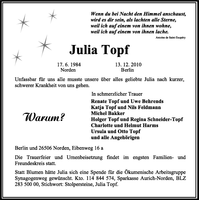  Traueranzeige für Julia Topf vom 18.12.2010 aus Ostfriesischer Kurier