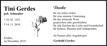 Traueranzeige von Tini Gerdes von Ostfriesischer Kurier