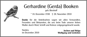 Traueranzeige von Gerhardine (Gerda) Booken von Ostfriesischer Kurier