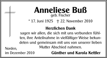 Traueranzeige von Anneliese Buß von Ostfriesischer Kurier