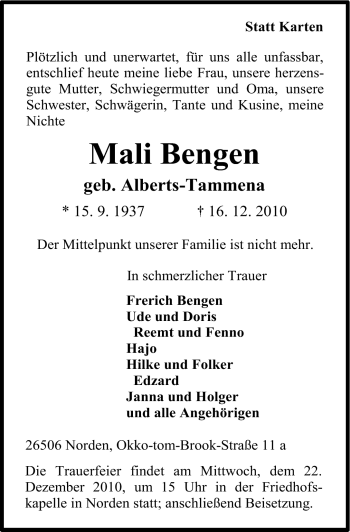 Traueranzeige von Mali Bengen von Ostfriesischer Kurier