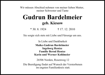 Traueranzeige von Gudrun Bardelmeier von Ostfriesischer Kurier