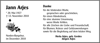 Traueranzeige von Jann Arjes von Ostfriesischer Kurier