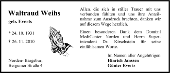 Traueranzeige von Waltraud Weihs von Ostfriesischer Kurier