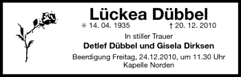 Traueranzeige von Lükea Dübbel von Ostfriesischer Kurier