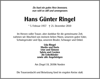 Traueranzeige von Hans Günter Ringel von Ostfriesischer Kurier