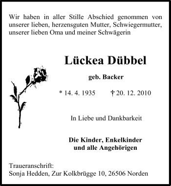Traueranzeige von Lückea Dübbel von Ostfriesischer Kurier