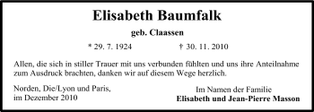 Traueranzeige von Elisabeth Baumfalk von Ostfriesischer Kurier