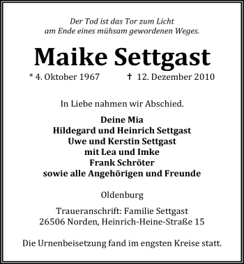 Traueranzeige von Maike Settgast von Ostfriesischer Kurier
