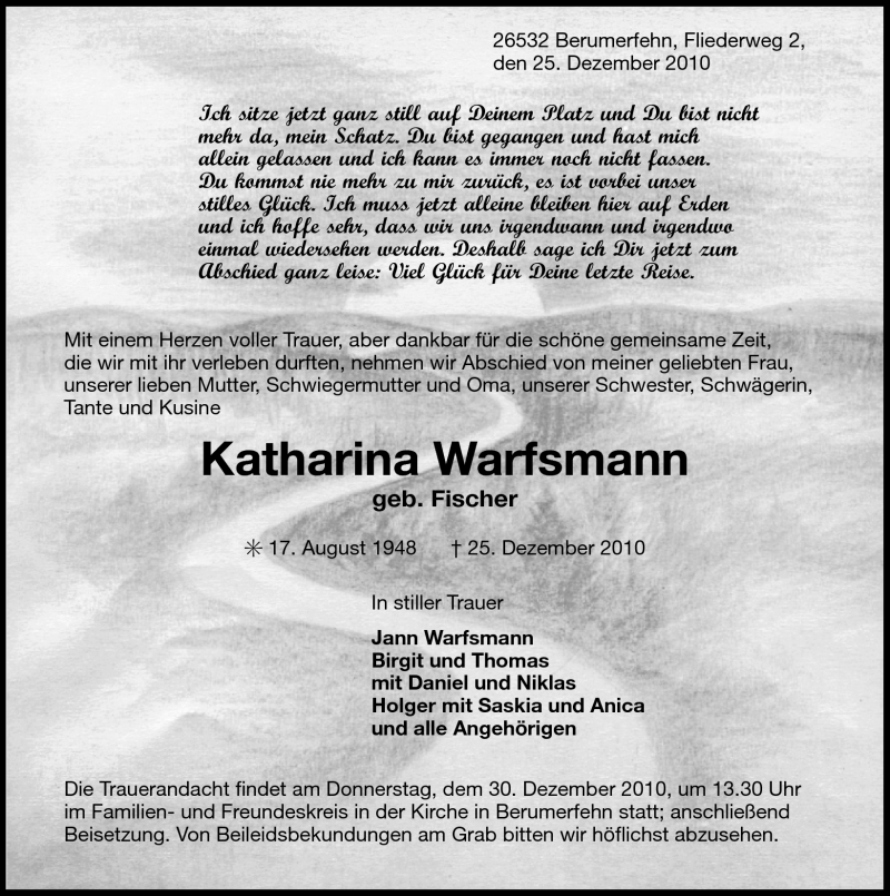  Traueranzeige für Katharina Warfsmann vom 28.12.2010 aus Ostfriesischer Kurier