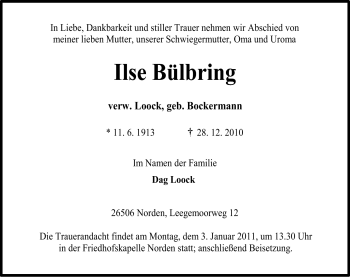 Traueranzeige von Ilse Bülbring von Ostfriesischer Kurier