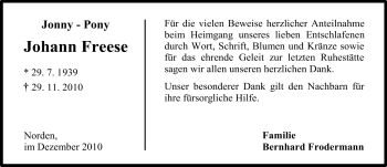 Traueranzeige von Johann Freese von Ostfriesischer Kurier
