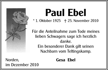 Traueranzeige von Paul Ebel von Ostfriesischer Kurier