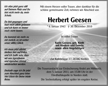 Traueranzeige von Herbert Geesen von Ostfriesischer Kurier