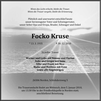 Traueranzeige von Focko Kruse von Ostfriesischer Kurier