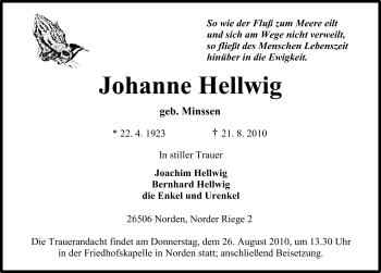 Traueranzeige von Johanne Hellwig von Ostfriesischer Kurier