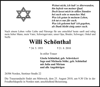 Traueranzeige von Willi Schönthal von Ostfriesischer Kurier