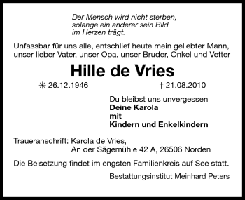 Traueranzeige von Hille de Vries von Ostfriesischer Kurier