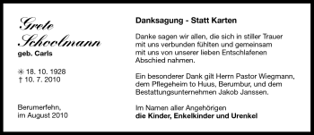 Traueranzeige von Schoolmann Grete von Ostfriesischer Kurier