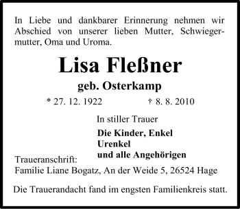 Traueranzeige von Lisa Fleßner von Ostfriesischer Kurier