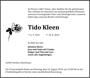 Traueranzeige von Tido Kleen von Ostfriesischer Kurier