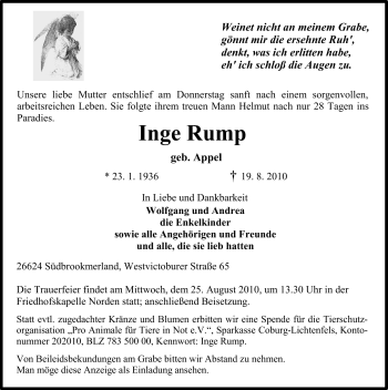 Traueranzeige von Inge Rump von Ostfriesischer Kurier