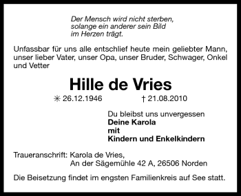 Traueranzeige von Hille de Vries von Ostfriesischer Kurier