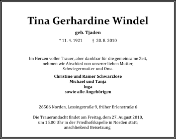 Traueranzeige von Tina Gerhardine Windel von Ostfriesischer Kurier