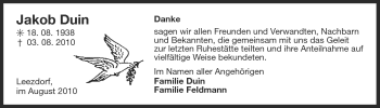 Traueranzeige von Jakob Duin von Ostfriesischer Kurier