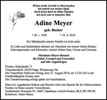 Traueranzeige von Adine Meyer von Ostfriesischer Kurier