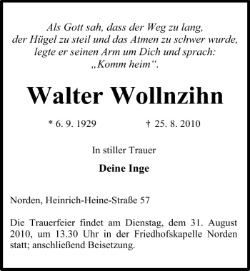 Traueranzeige von Walter Wollnzihn von Ostfriesischer Kurier