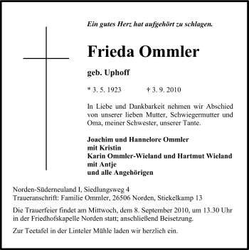 Traueranzeige von Frieda Ommler von Ostfriesischer Kurier