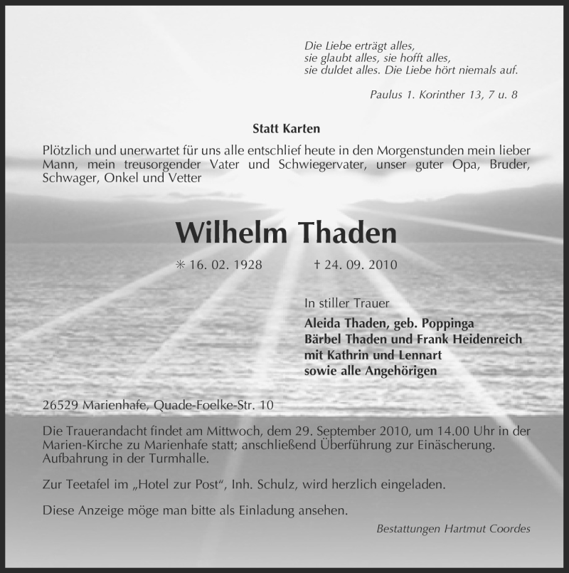  Traueranzeige für Wilhelm Thaden vom 27.09.2010 aus Ostfriesischer Kurier