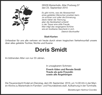 Traueranzeige von Doris Smidt von Ostfriesischer Kurier
