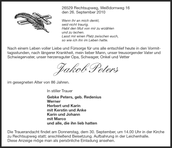 Traueranzeige von Jakob Peters von Ostfriesischer Kurier