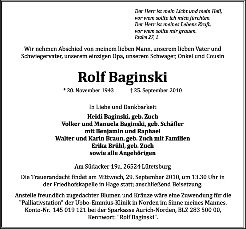  Traueranzeige für Rolf Baginski vom 27.09.2010 aus Ostfriesischer Kurier