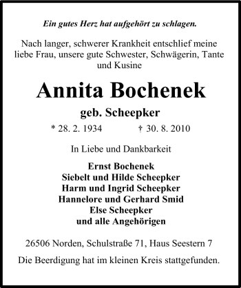 Traueranzeige von Annita Bochenek von Ostfriesischer Kurier