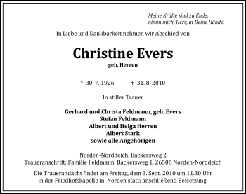 Traueranzeige von Christine Evers von Ostfriesischer Kurier