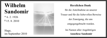 Traueranzeige von Wilhelm Sandomir von Ostfriesischer Kurier