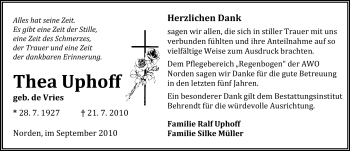 Traueranzeige von Thea Uphoff von Ostfriesischer Kurier