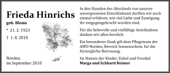 Traueranzeige von Frieda Hinrichs von Ostfriesischer Kurier