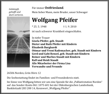 Traueranzeige von Wolfgang Pfeifer von Ostfriesischer Kurier