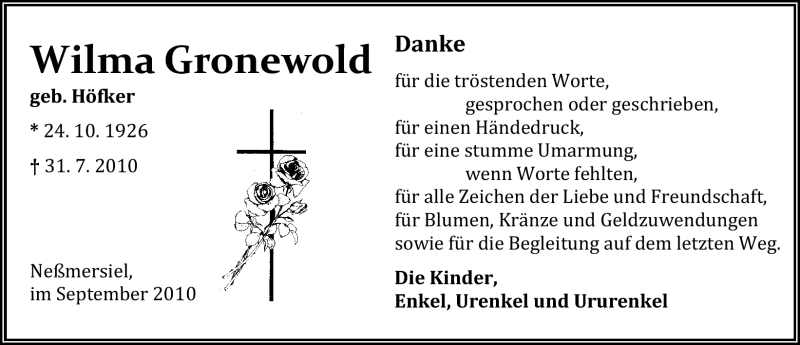  Traueranzeige für Wilma Gronewold vom 04.09.2010 aus Ostfriesischer Kurier
