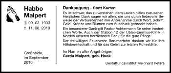 Traueranzeige von Habbo Malpert von Ostfriesischer Kurier